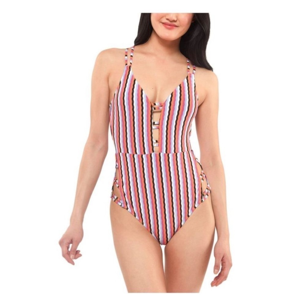 Jessica Simpson Got the Groove Plunge Strappy One Piece Swimsuit Womens‎ Sall